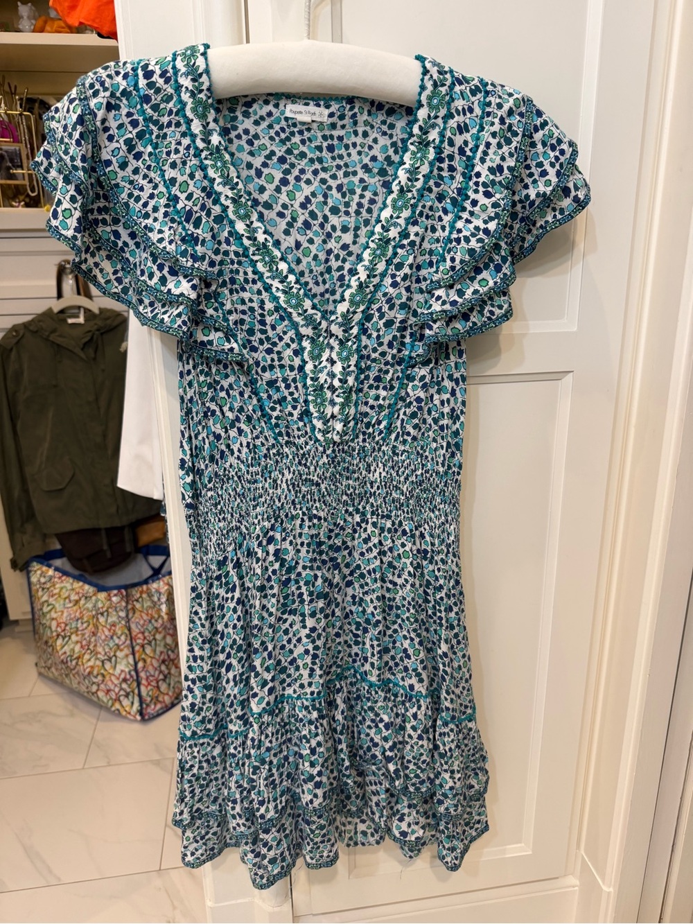 Poupette St. Barth Blue & Green Floral Ruffle V‑Neck Mini Dress